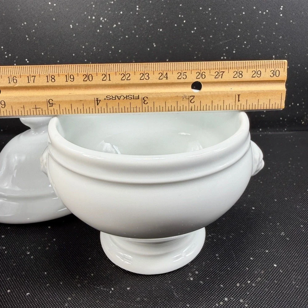 Apilco France White Porcelain Lion Head Dish w Lid Footed Bowl Container Jar